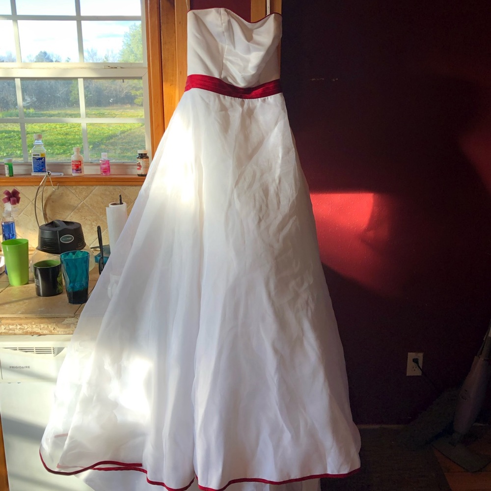 White with Crimson Red trimmed wedding gown